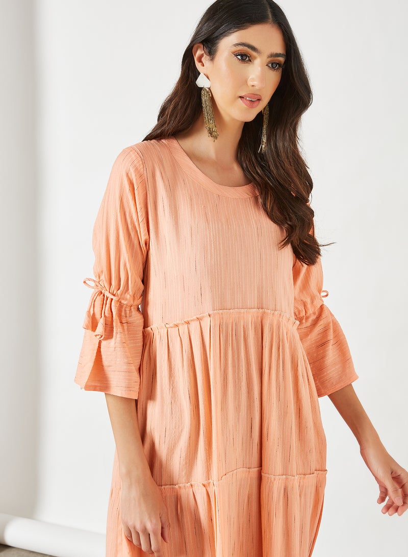 Simple Tiered Pattern Midi Modest Dress Peach