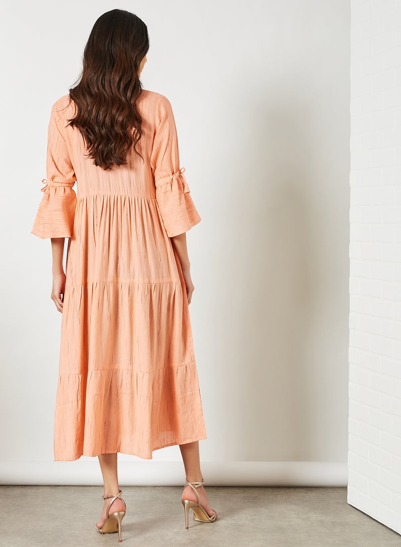 Simple Tiered Pattern Midi Modest Dress Peach