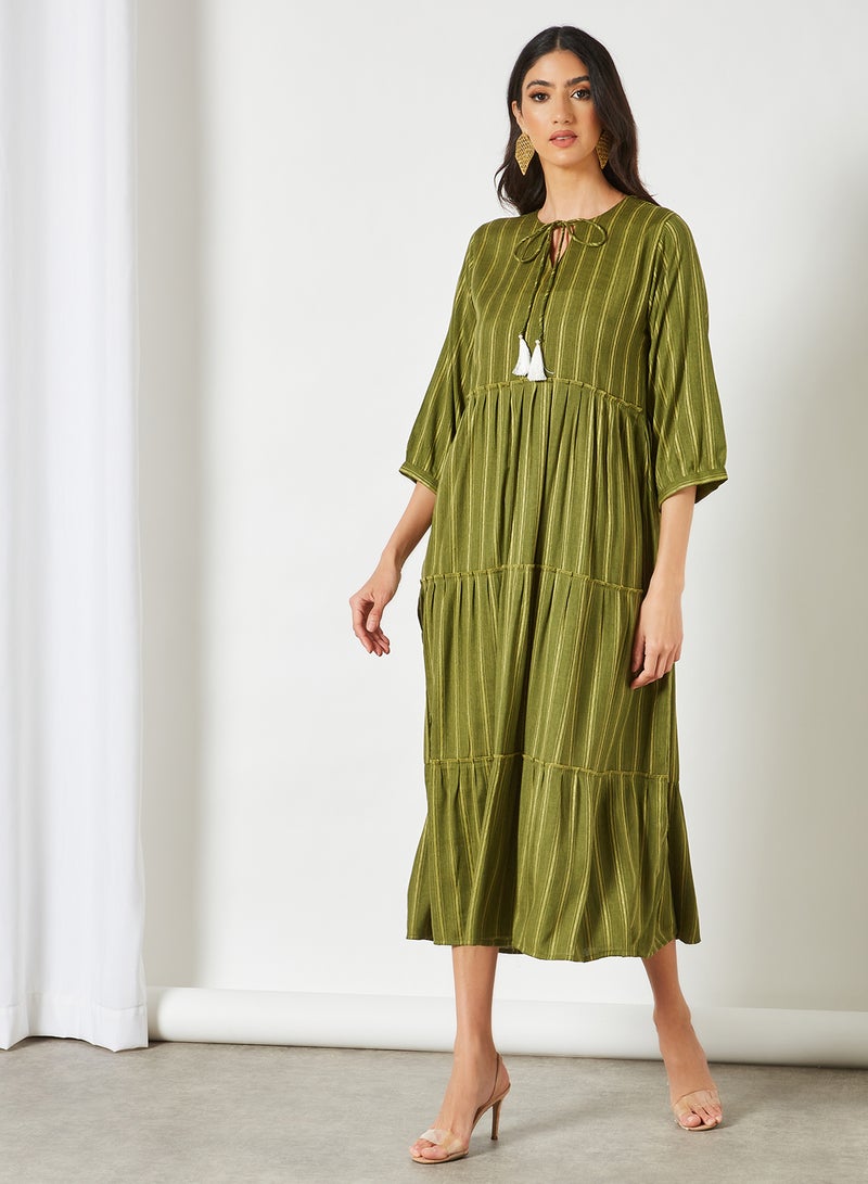 Striped Pattern Tiered Hem Midi Modest Dress Green