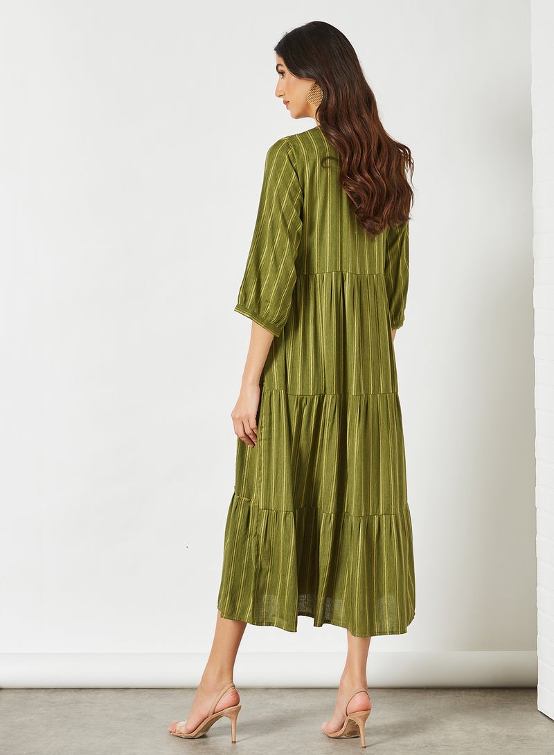 Striped Pattern Tiered Hem Midi Modest Dress Green