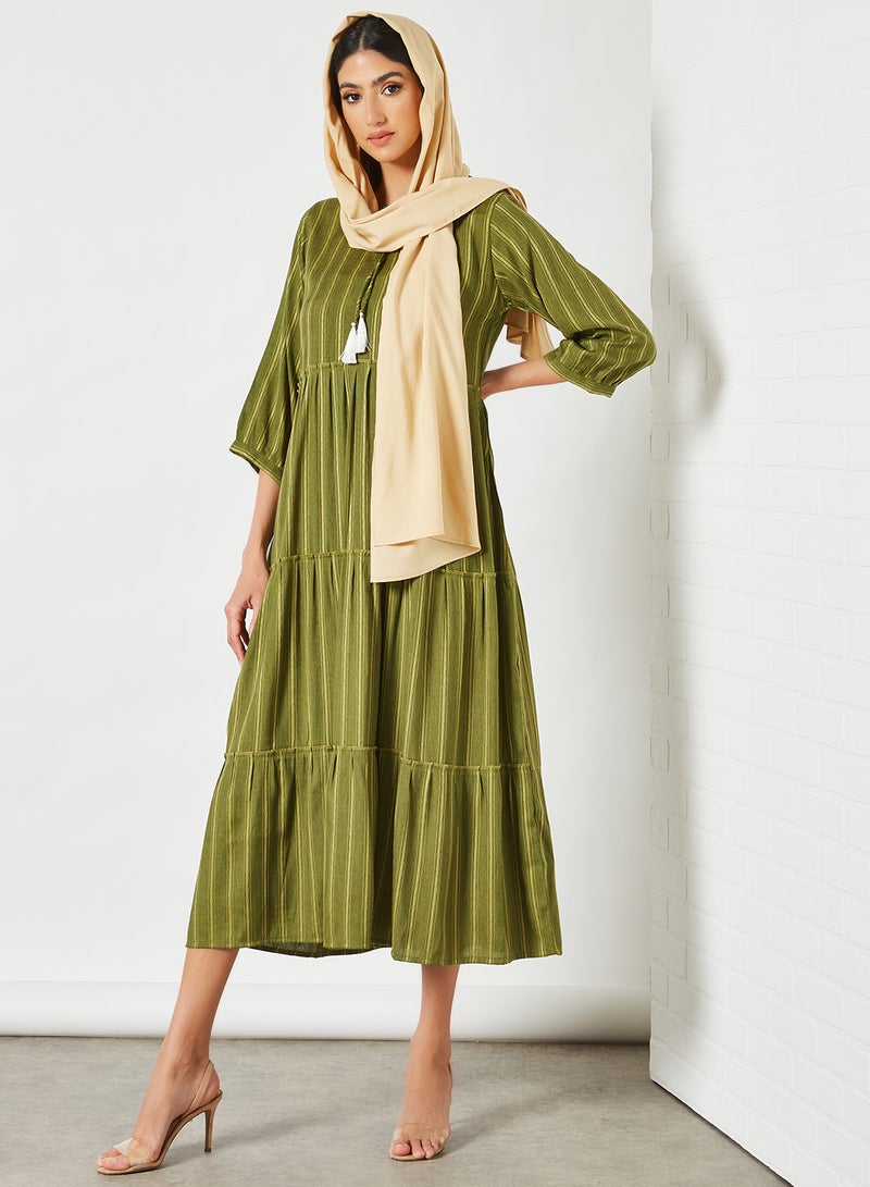 Striped Pattern Tiered Hem Midi Modest Dress Green