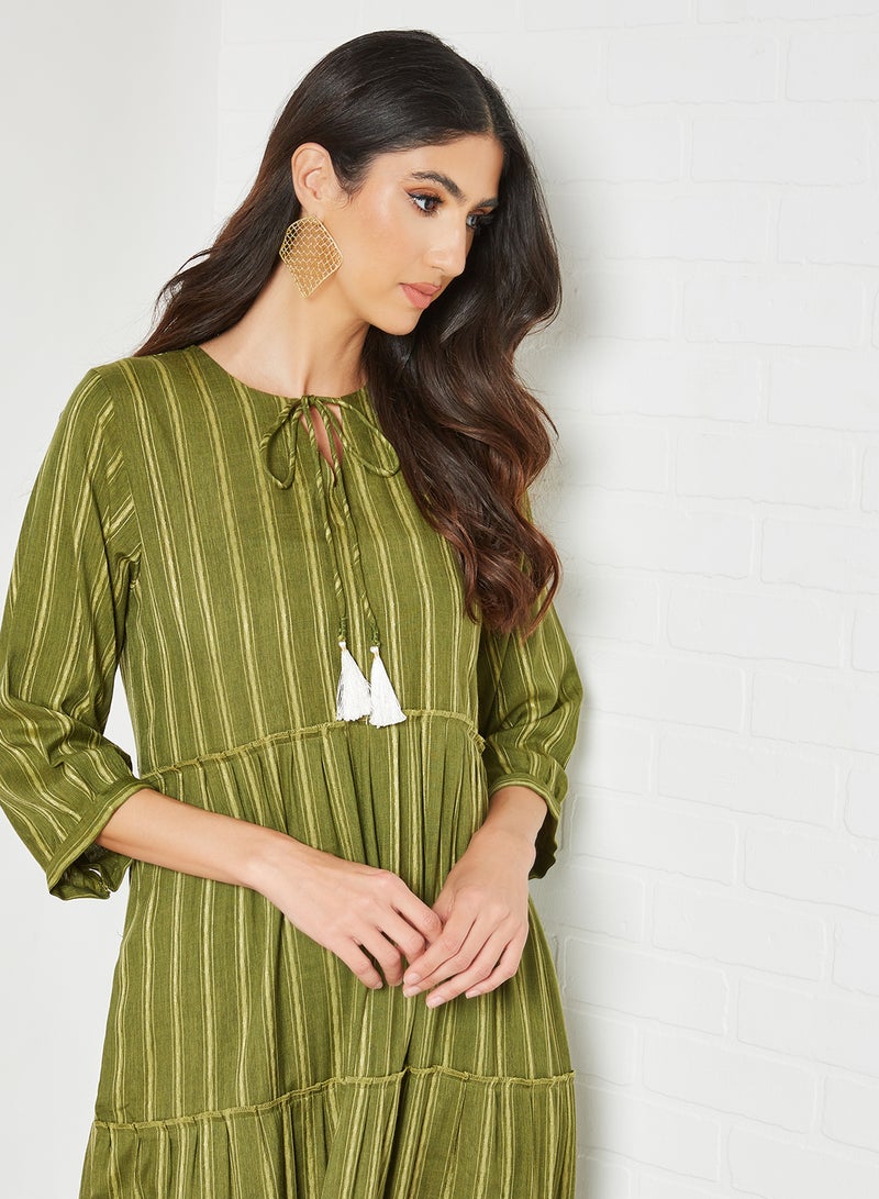 Striped Pattern Tiered Hem Midi Modest Dress Green