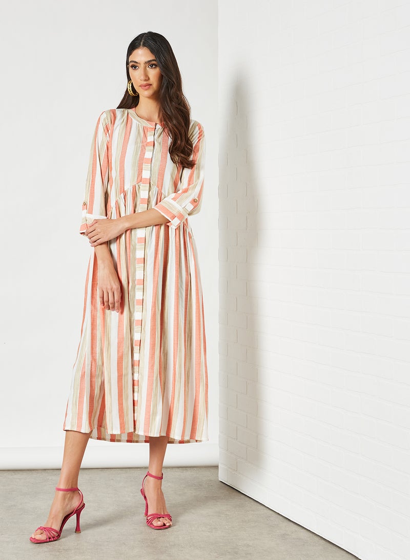 Striped Pattern Mandarin Neck Midi Modest Dress Orange/Beige/White