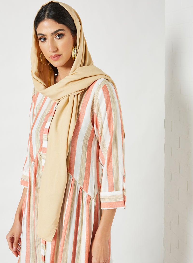 Striped Pattern Mandarin Neck Midi Modest Dress Orange/Beige/White