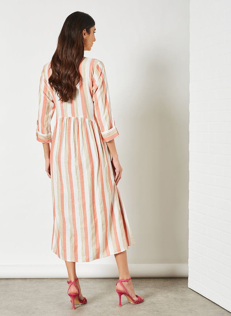 Striped Pattern Mandarin Neck Midi Modest Dress Orange/Beige/White