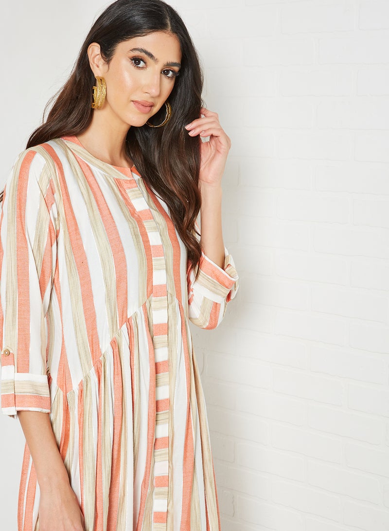 Striped Pattern Mandarin Neck Midi Modest Dress Orange/Beige/White