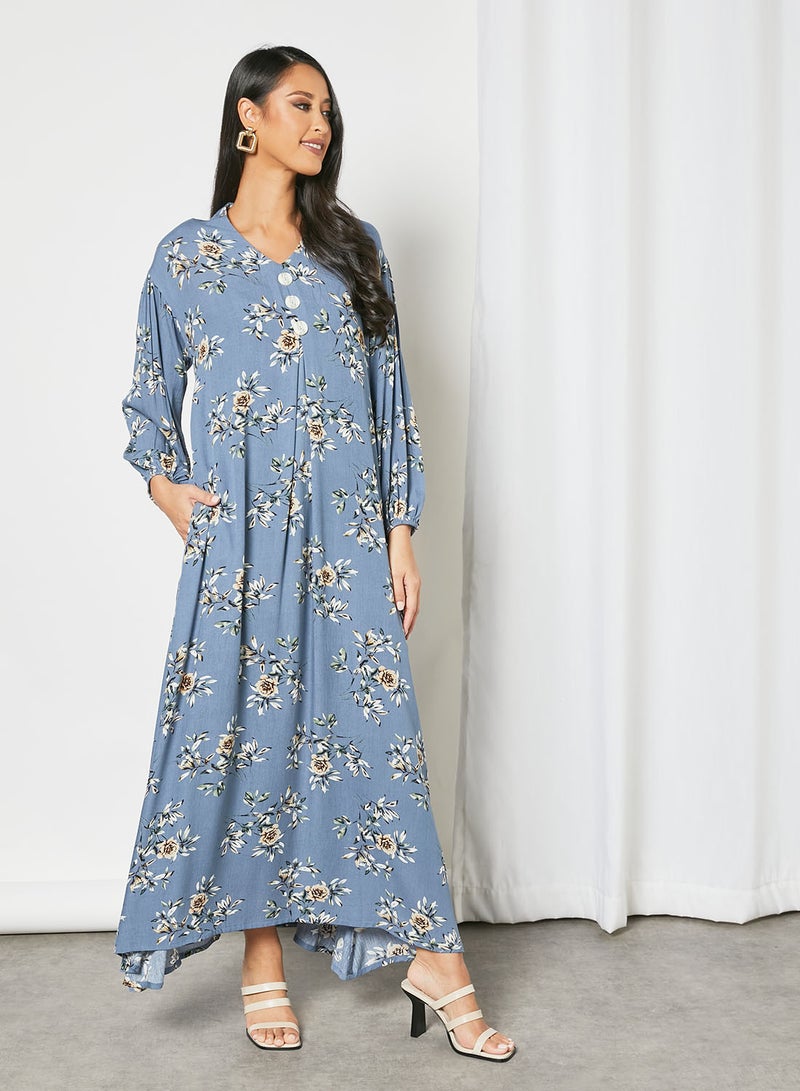 Floral Printed Trendy Maxi Modest Dress Blue