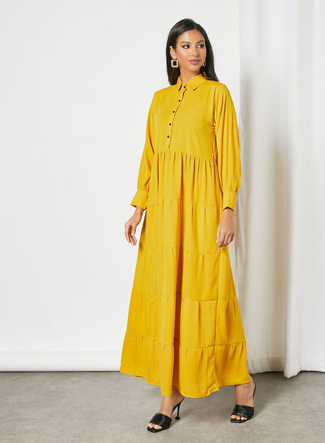 Solid Pattern Maxi Modest Shirt Dress Yellow