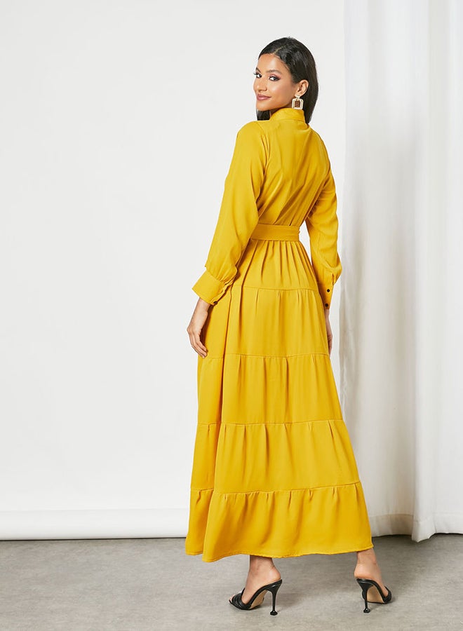 Solid Pattern Maxi Modest Shirt Dress Yellow