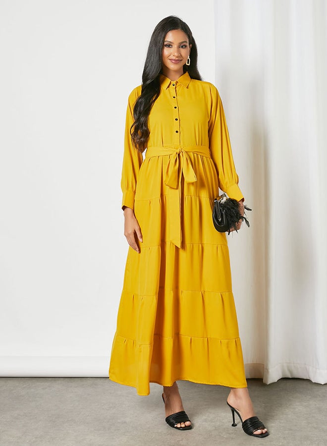 Solid Pattern Maxi Modest Shirt Dress Yellow