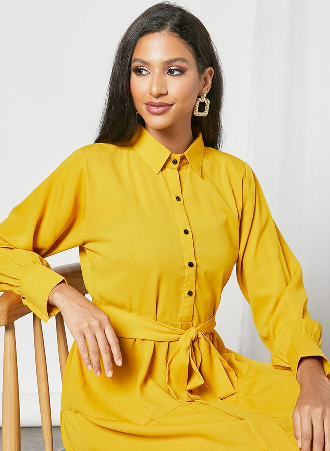 Solid Pattern Maxi Modest Shirt Dress Yellow