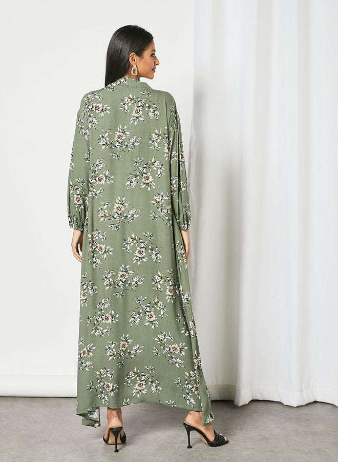 Floral Printed Trendy Maxi Modest Dress Green