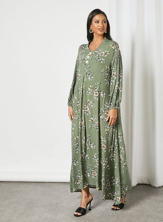 Floral Printed Trendy Maxi Modest Dress Green