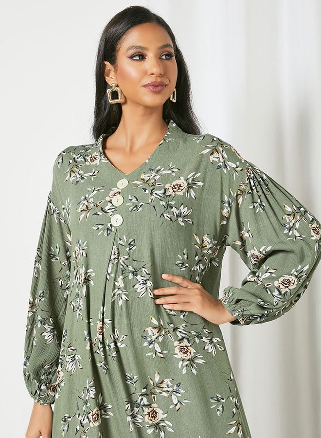 Floral Printed Trendy Maxi Modest Dress Green