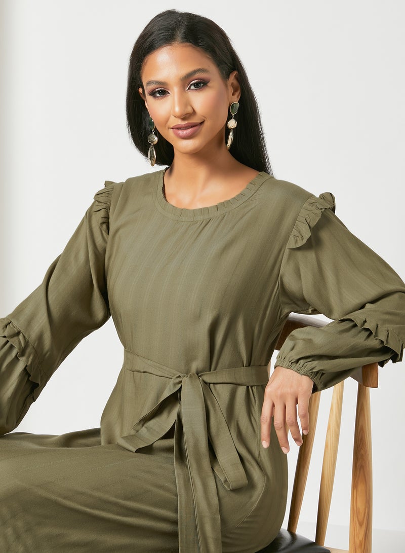 Ruffle Detail Trendy Modest Dress Mehndi Green