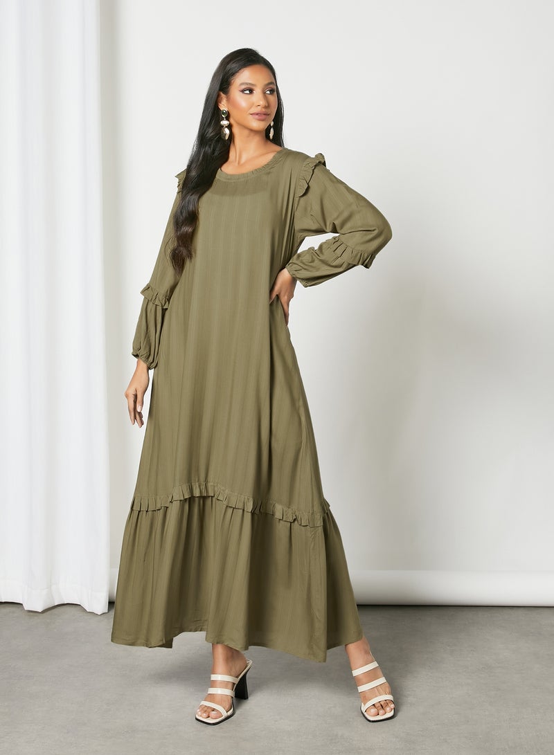 Ruffle Detail Trendy Modest Dress Mehndi Green