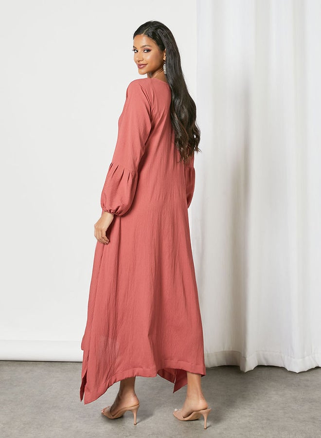 Solid Pattern Puff Sleeve Maxi Modest Dress Dusty Pink