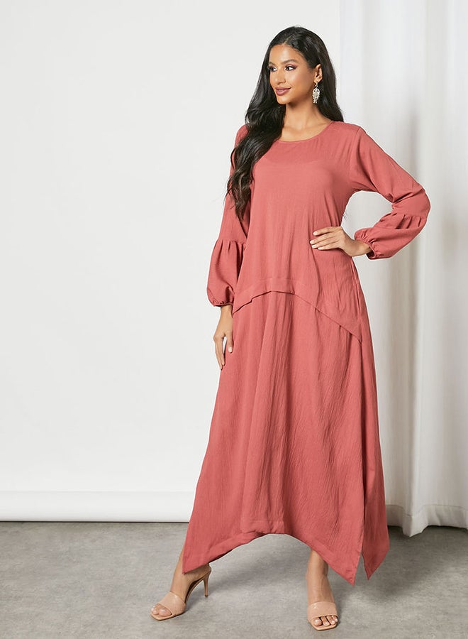 Solid Pattern Puff Sleeve Maxi Modest Dress Dusty Pink