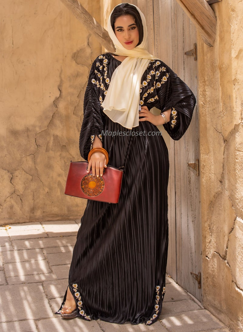 Pleated Black Dress With Contrast Embroidery