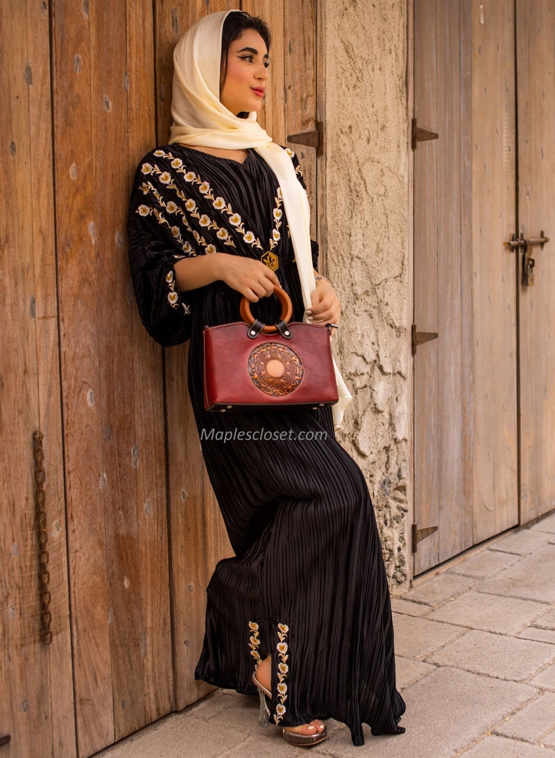 Pleated Black Dress With Contrast Embroidery