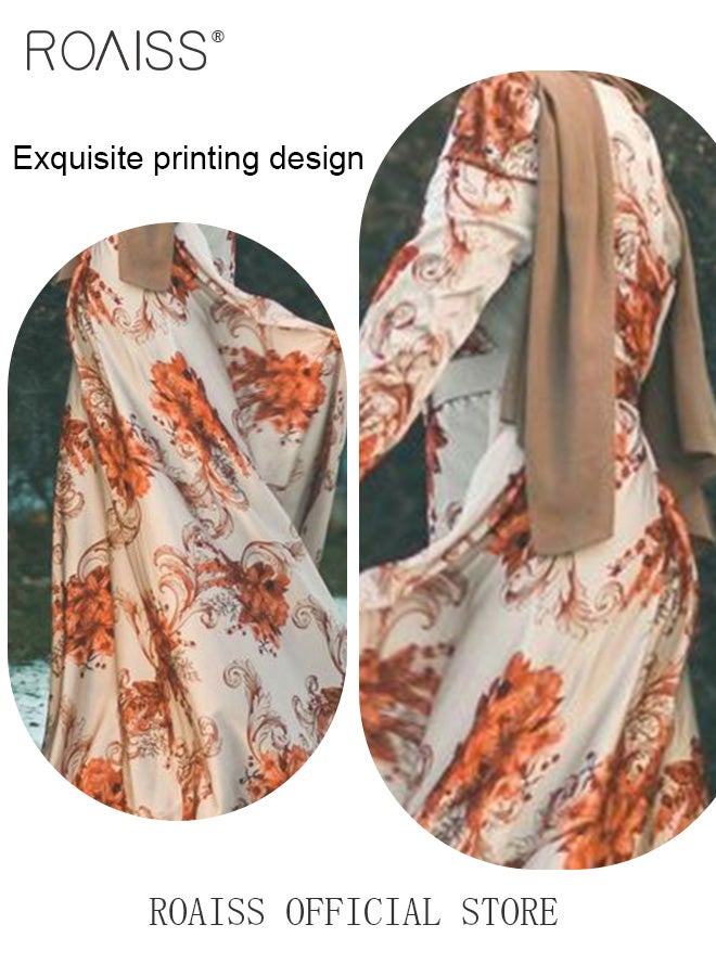 Middle Eastern Muslim Women Fashion Digital Print Belted Stylish Slim Fit Maxi Dress