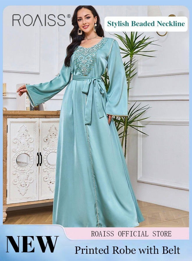 Arabian Muslim Women Fashion Stylish Beaded Maxi Dress with Long Robe