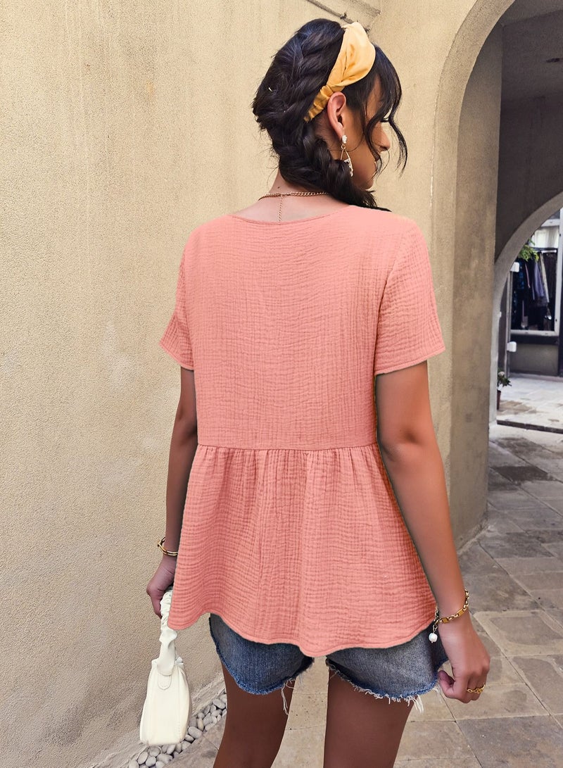 Solid Color T-shirt Top Short Sleeve Lace Stitched Pink