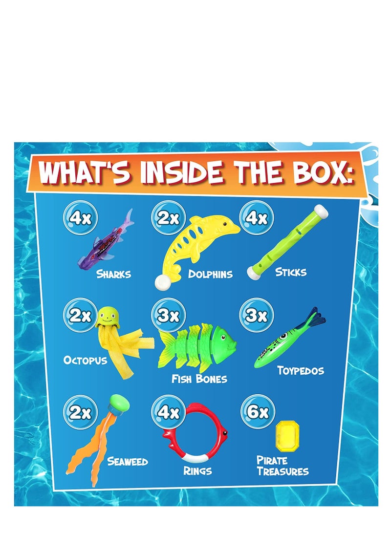 SYOSI Diving Pool Toys 30 Pack, Swimming Pool Toys for Kids Includes 4 Diving Sticks, 4 Diving Rings, 6 Treasures, 3 Toypedo Bandits, 9 Fish Toys, 4 Octopus Water Toys with a Storage Bag