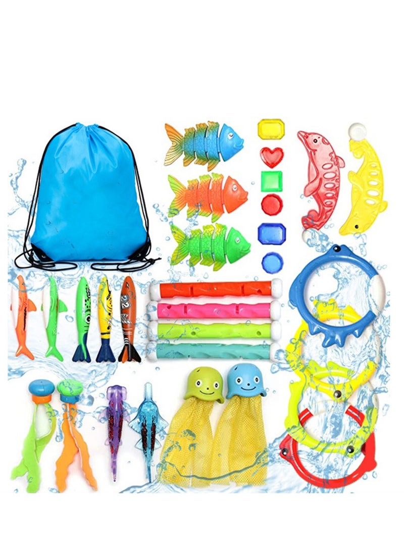 SYOSI Diving Pool Toys 30 Pack, Swimming Pool Toys for Kids Includes 4 Diving Sticks, 4 Diving Rings, 6 Treasures, 3 Toypedo Bandits, 9 Fish Toys, 4 Octopus Water Toys with a Storage Bag