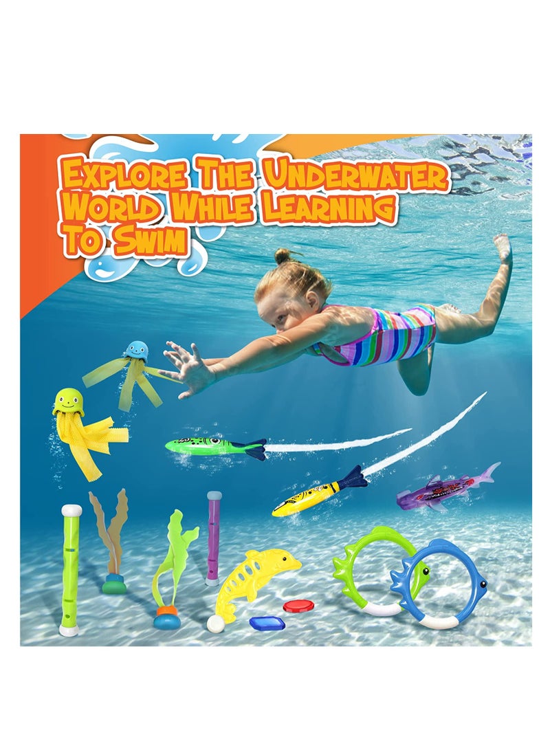 SYOSI Diving Pool Toys 30 Pack, Swimming Pool Toys for Kids Includes 4 Diving Sticks, 4 Diving Rings, 6 Treasures, 3 Toypedo Bandits, 9 Fish Toys, 4 Octopus Water Toys with a Storage Bag