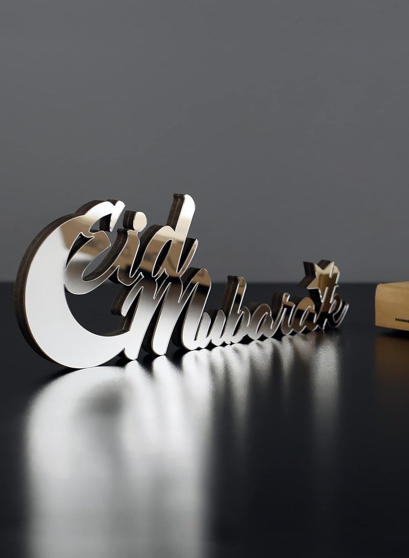 Wooden Acrylic Islamic Tabletop Decor, Elegant Eid Mubarak Decorations Crafted from Thick Eco-Friendly MDF with a Shiny Acrylic Layer for a Stunning Mirror Effect in Silver