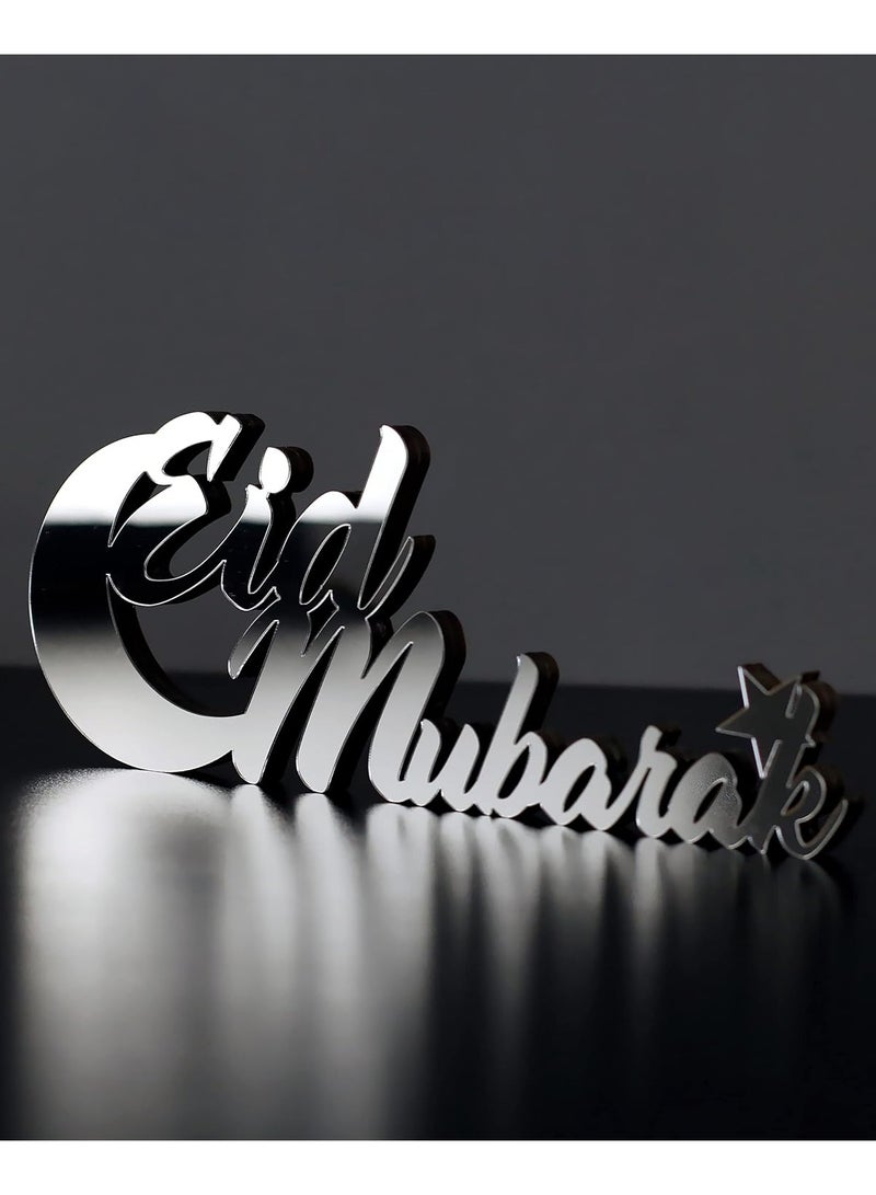 Wooden Acrylic Islamic Tabletop Decor, Elegant Eid Mubarak Decorations Crafted from Thick Eco-Friendly MDF with a Shiny Acrylic Layer for a Stunning Mirror Effect in Silver