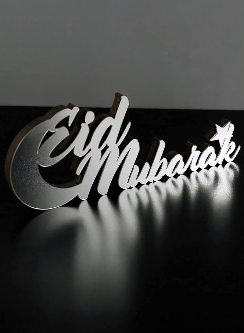 Wooden Acrylic Islamic Tabletop Decor, Elegant Eid Mubarak Decorations Crafted from Thick Eco-Friendly MDF with a Shiny Acrylic Layer for a Stunning Mirror Effect in Silver