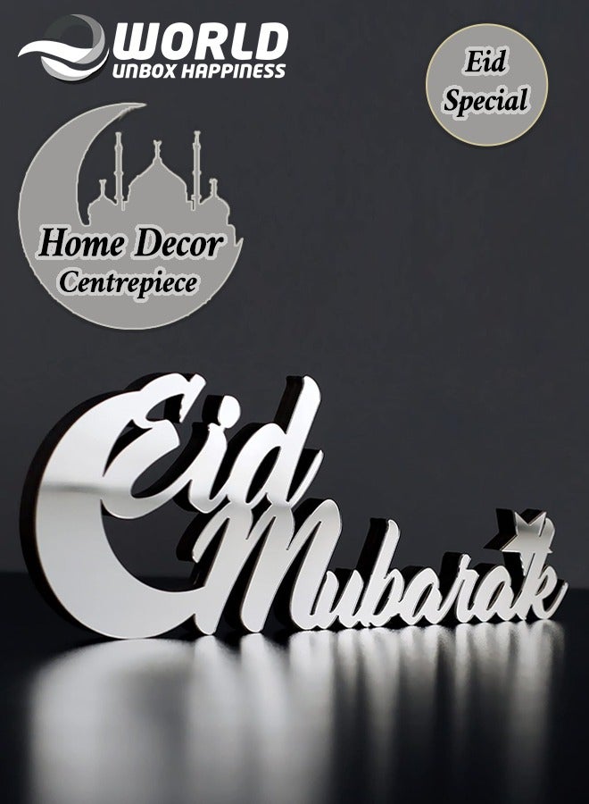 Wooden Acrylic Islamic Tabletop Decor, Elegant Eid Mubarak Decorations Crafted from Thick Eco-Friendly MDF with a Shiny Acrylic Layer for a Stunning Mirror Effect in Silver