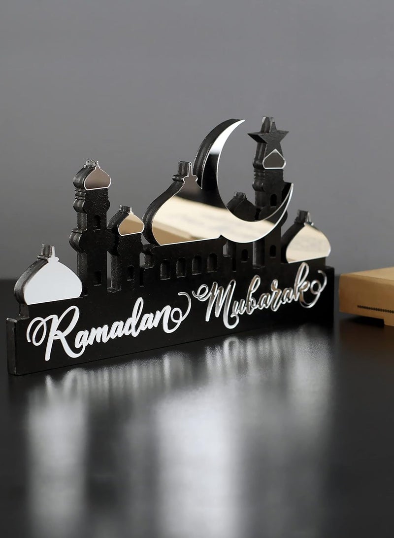 Wooden Acrylic Islamic Tabletop Decor, Elegant Ramadan Mubarak Decorations Crafted from Thick Eco-Friendly MDF with a Shiny Acrylic Layer for a Stunning Mirror Effect in Silver