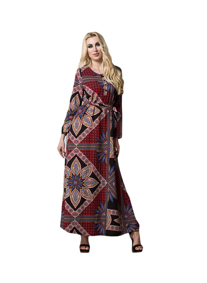 O Neck Ethnic Fashion Exquisite Pattern Long Sleeve Maxi Dress Multicolour