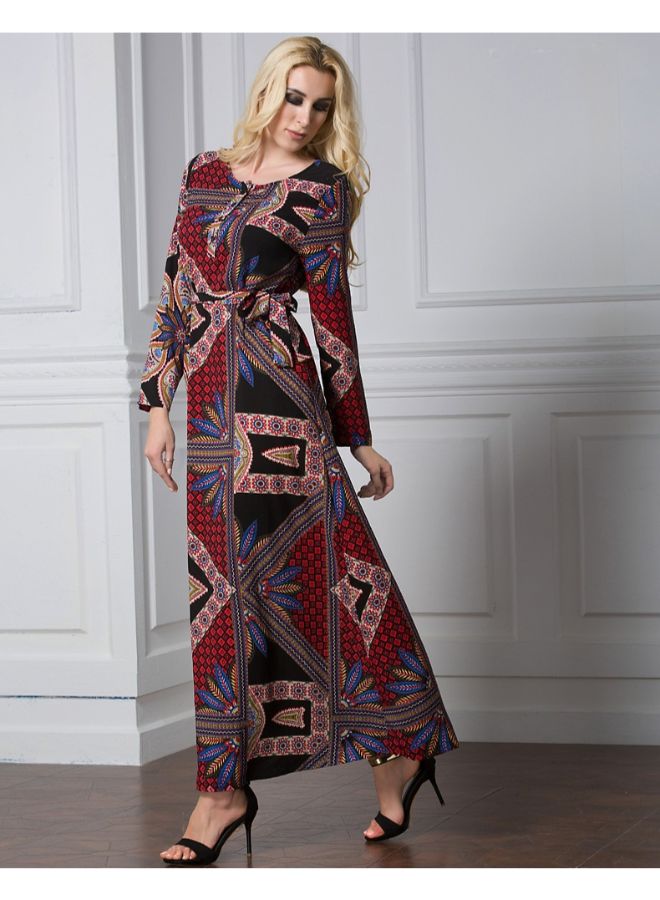 O Neck Ethnic Fashion Exquisite Pattern Long Sleeve Maxi Dress Multicolour