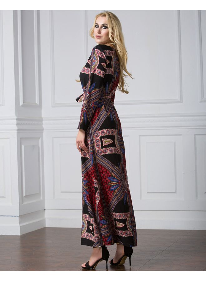 O Neck Ethnic Fashion Exquisite Pattern Long Sleeve Maxi Dress Multicolour