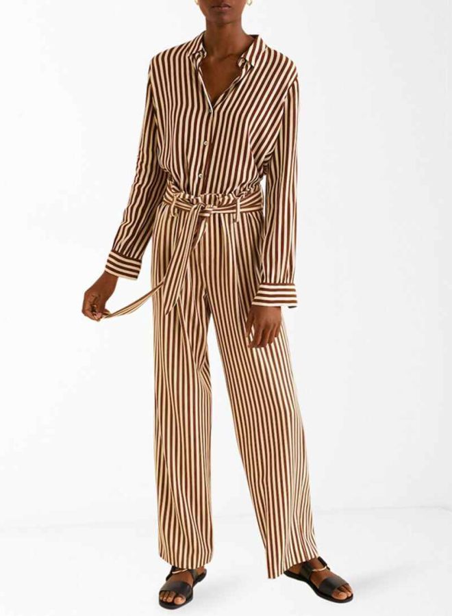 Striped Belted Pants 30Brown