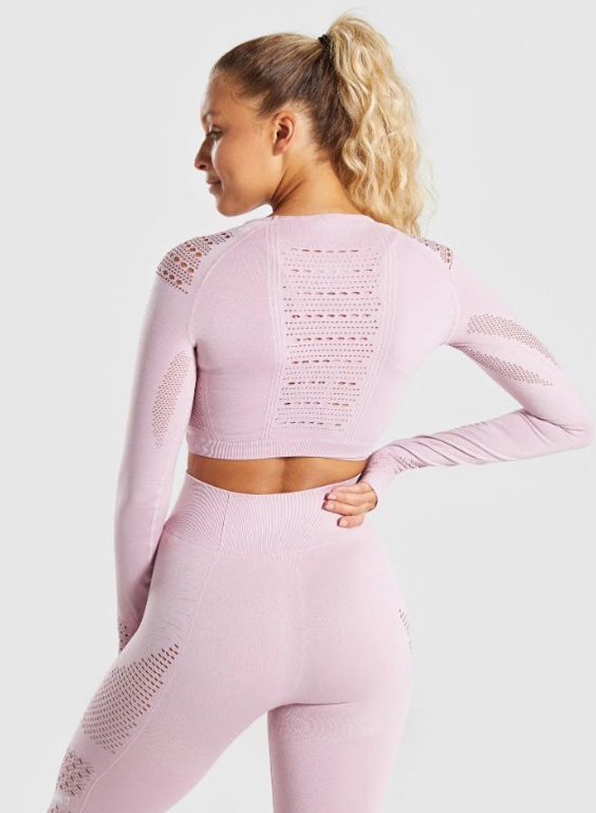 Sports Long Sleeve Elastic Hollow Yoga Set Pink