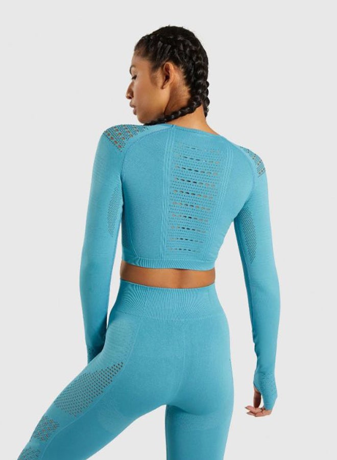 Sports Long Sleeve Elastic Hollow Yoga Set Blue