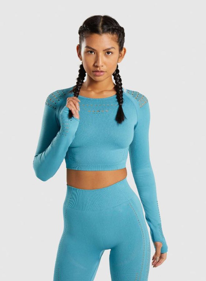 Sports Long Sleeve Elastic Hollow Yoga Set Blue