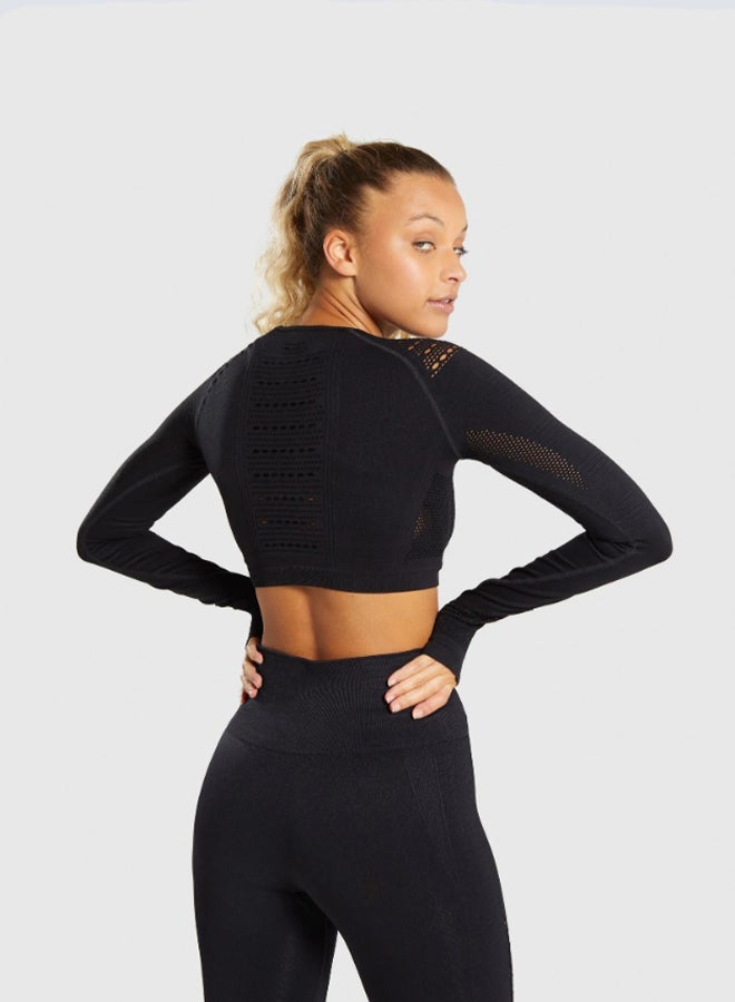 Sports Long Sleeve Elastic Hollow Yoga Set Black