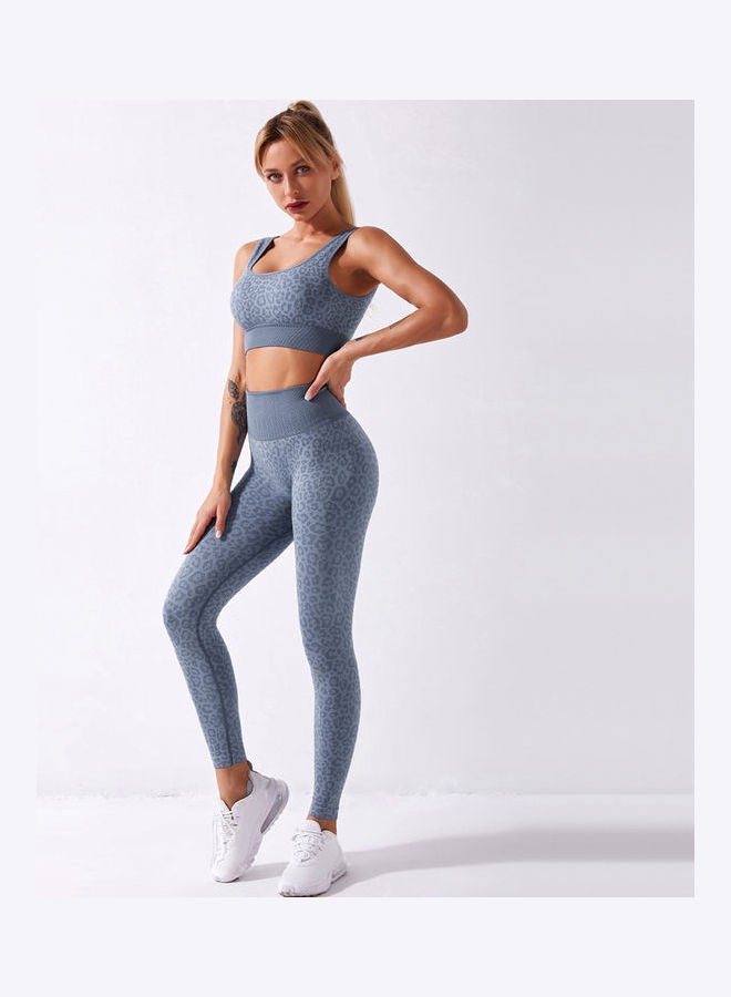 2-Piece Leopard Printed Sports Bra And High Waist Legging Set Blue