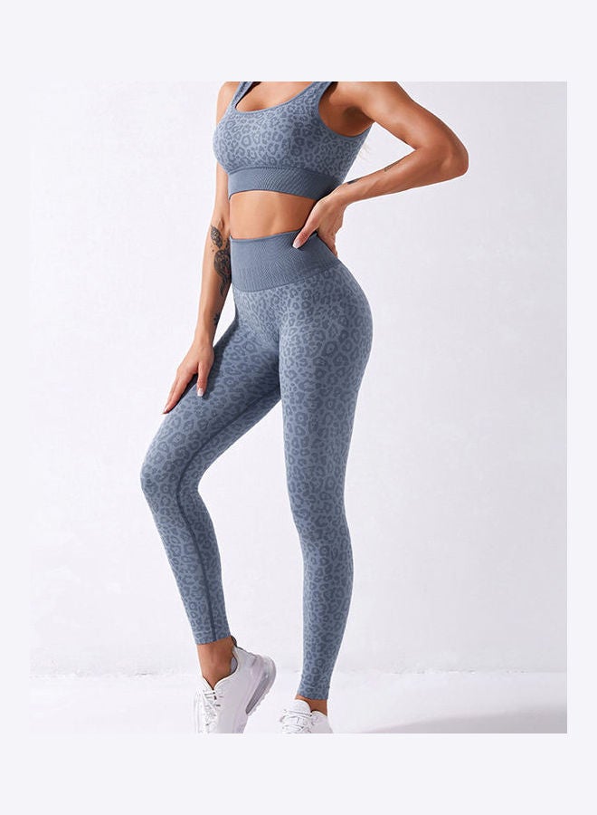 2-Piece Leopard Printed Sports Bra And High Waist Legging Set Blue