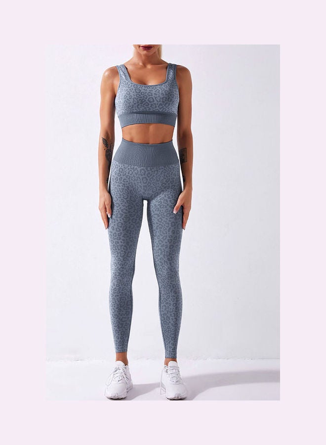 2-Piece Leopard Printed Sports Bra And High Waist Legging Set Blue