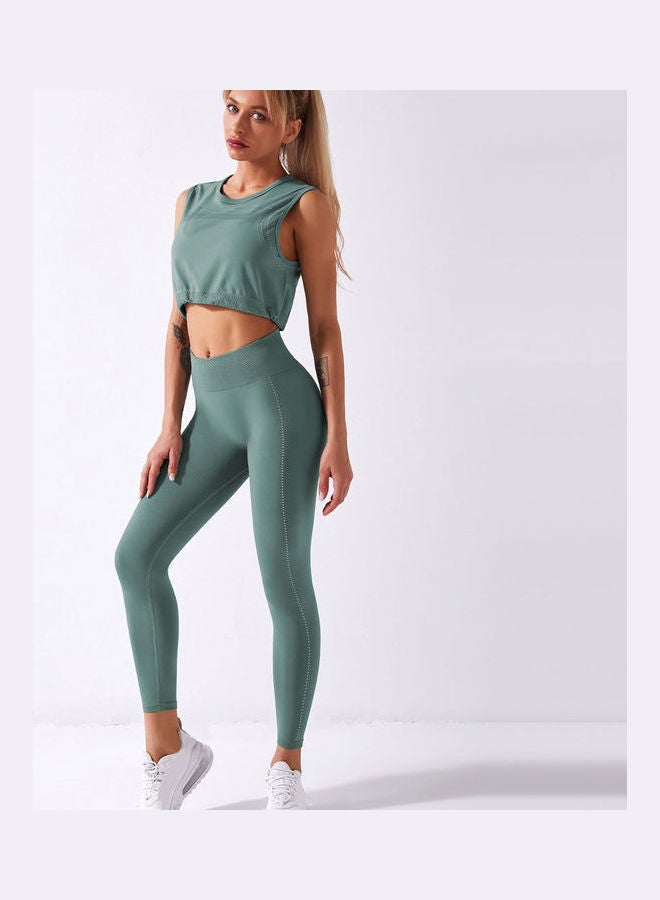 2-Piece Solid Tank Top And High Waist Legging Set Dark Green