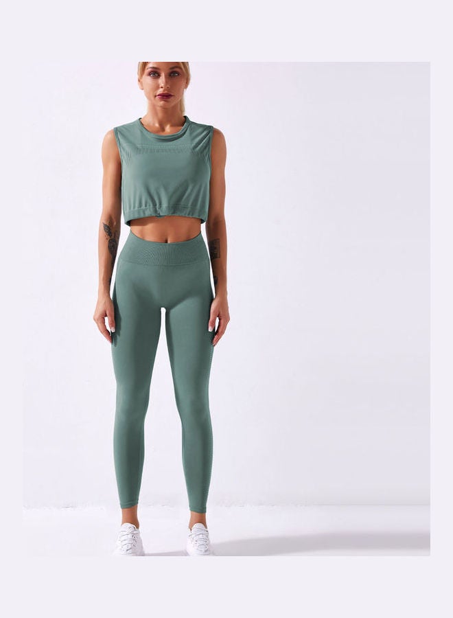 2-Piece Solid Tank Top And High Waist Legging Set Dark Green