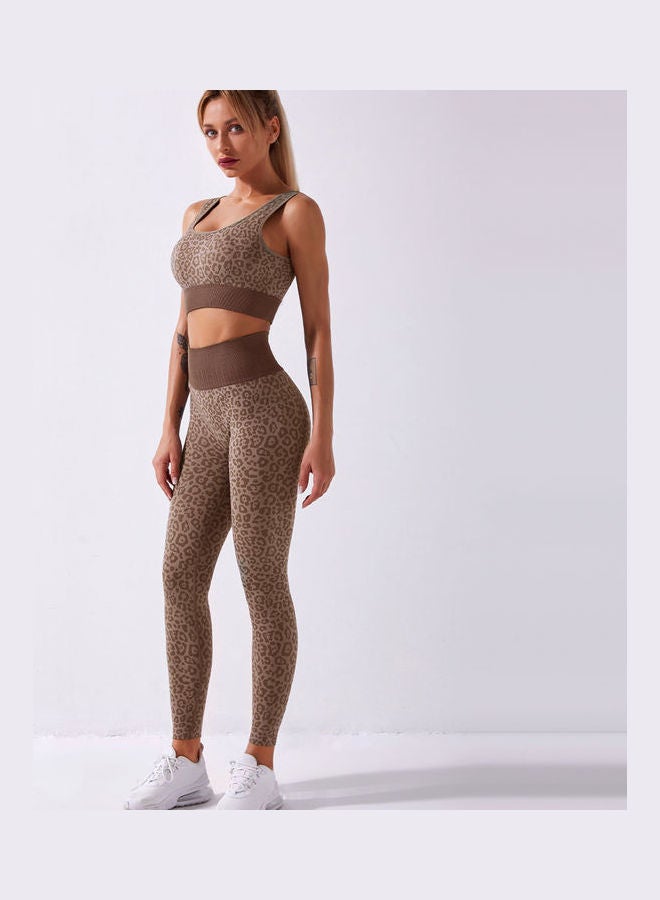 2-Piece Leopard Printed Sports Bra And High Waist Legging Set Coffee