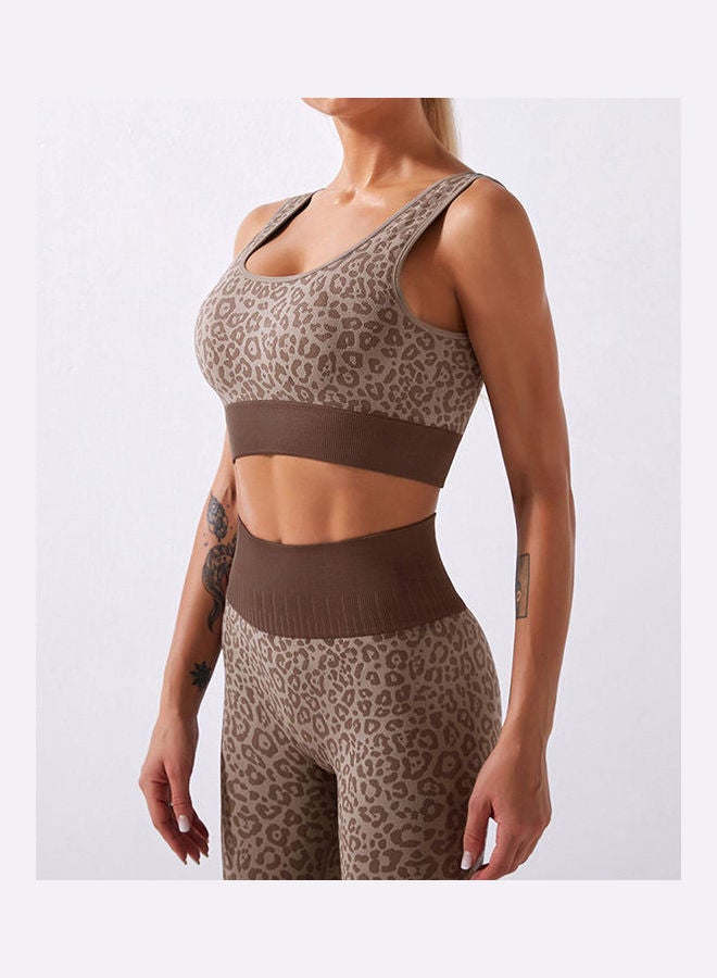 2-Piece Leopard Printed Sports Bra And High Waist Legging Set Coffee